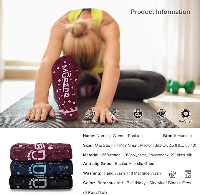 Muezna Non Slip Yoga Socks for Women, Anti-Skid Pilates, Barre, Hospital Socks with Grips, Size 5-10
