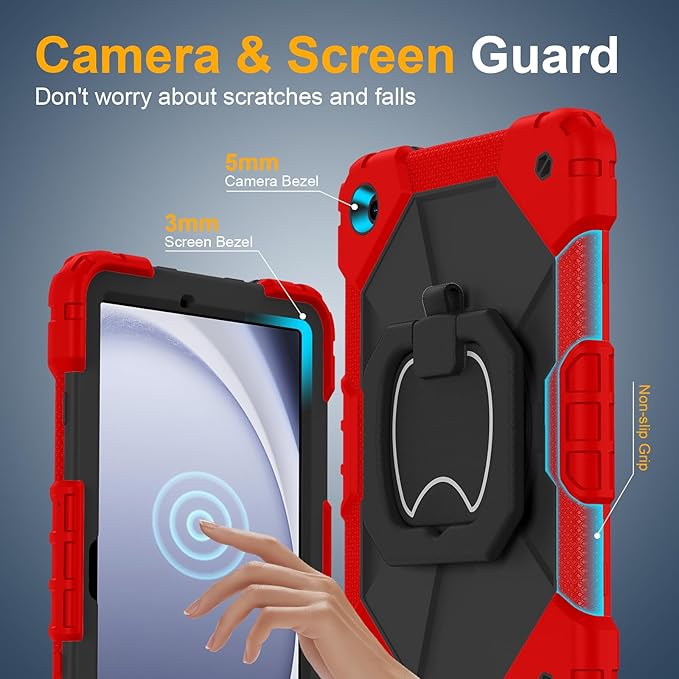 Case for Samsung Galaxy Tab A9 Plus 11 Inch 2023(SM-X210/X216/X218), Auorld Rugged Case for Samsung Galaxy A9+ Tablet with Screen Protector 360 Rotating Stand Shoulder Strap Pen Holder, Black Red