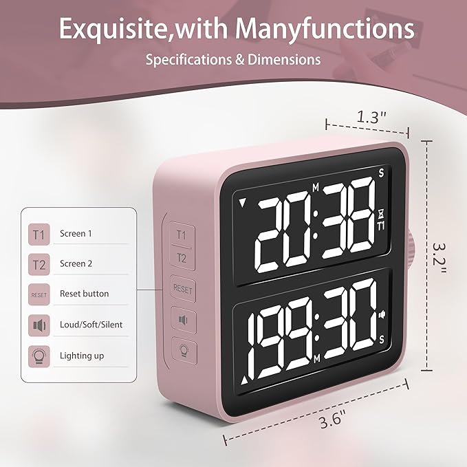 VEWINGL Dual Kitchen Timer Digital – 2-Channel Cooking Timer with Large Screen, Magnetic Back, Loud Alarm, Modern Pink Design for Various Timing Needs