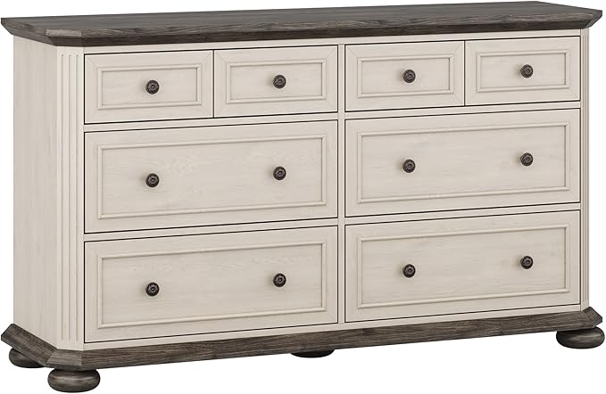 BELLEZE 31" Drawer Dresser Chest with 6 Drawers, Rustic Wooden Bedside Storage Cabinet Farmhouse Clothes Organizer for Bedroom or Living Room, Antique White