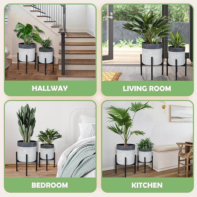 Planter with Stand Set of 2, Mid Century Plant Pots with Metal Legs Indoor, Modern Flower Pots with Drainage Holes, Decorative Garden Pot for Living Room, Office, Garden, or Balcony 10 & 12 inches