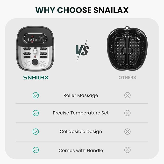 Snailax Foot Spa with Heat, Foot Bath, Collapsible Foot Spa Bath Massager with 8 Massage Rollers, Temperature Control, Bubbles, Pumice Stone, Foot Soaking Tub