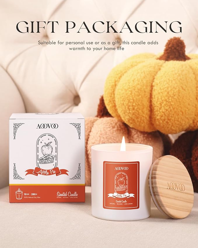 AOOVOO Apple Pie Scented Candles for Women - Aromatherapy Candle with Crystals Inside, 10oz Soy Candles for Home Scented, Birthday Gifts Candle for Women Mom