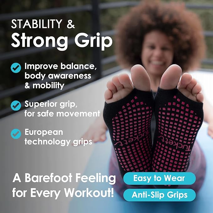 Tucketts Toeless Pilates Socks with Grips for Women, Non-Slip Yoga & Barre Socks for Stability & Barefoot Workouts, Size 6-13