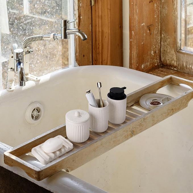 BosilunLife Beige Bathroom Accessories Set - Ceramic Bathroom Counter Soap Set Bathroom Decor Sets Accessories Bathroom Lotion Soap Dispenser and Toothbrush Holder Set, Soap Dish, Apothecary Jars