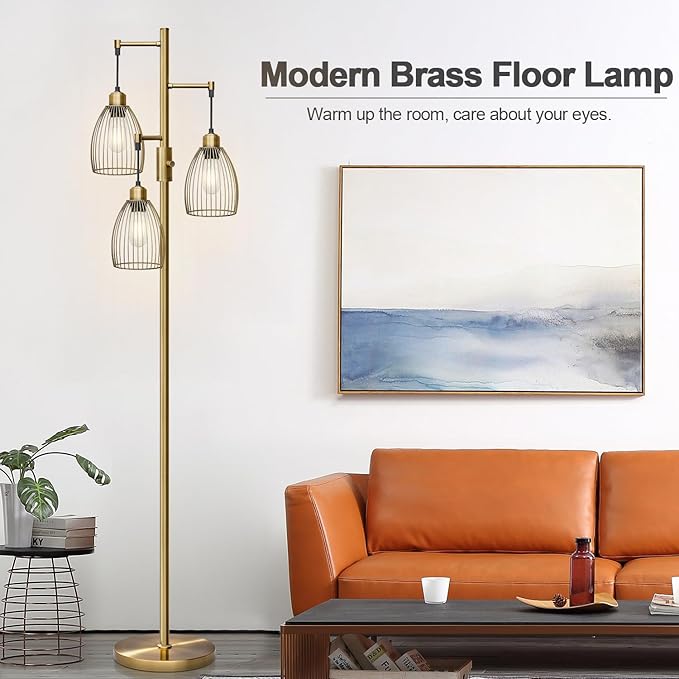 Dimmable Floor Lamp, Industrial Floor Lamps for Living Room, Antique Brass Tree Lamp Standing Lamp Tall Lamps with 3 Elegant Teardrop Cage Head & 800 Lumens LED Bulbs for Living Room Bedroom Office