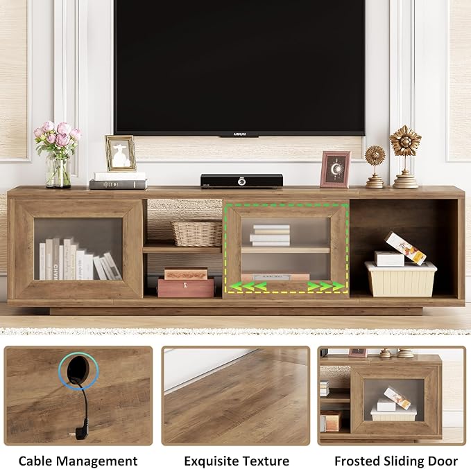 HSH 55" TV Stand for TVs up to 60 Inch, Entertainment Center with Sliding Doors and Under TV Storage Cabinet,Modern TV Media Console Wood for Living Room and Bedroom,Rustic Oak