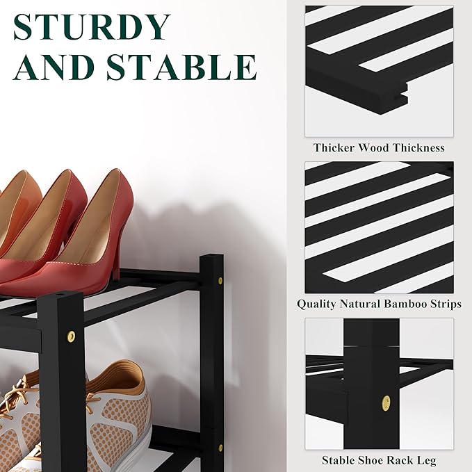 Smiry Shoe Rack, 3 Tier Long Bamboo Shoe Organizer, Stackable Free Standing Wooden Shoe Storage Shelf for Closet, Entryway, Front Door Entrance, Black