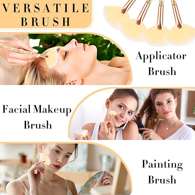 12 Pcs Fan Brushes for Facial Mask Brushes with Glitter Quicksand Handle Cosmetic Facial Fan Brush Soft Facial Mask Brush Applicator Facial Peel Applicator Face Mask Tools with Pouch (Gold)