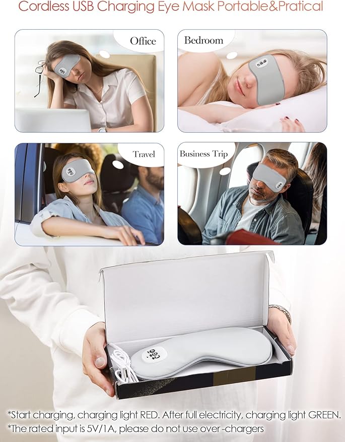 Wireless Heated Eye Massager with Cooling Eye Pad, Vibrating Heating Sleeping Mask for Men Women Kids -USB Charing Heated Eye Mask Electric for Dry Eyes, Relax,Travel