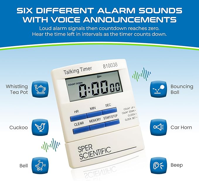 Sper Scientific Talking Timer with Audible Countdown Voice Announcements 810038 - Large LCD Display, Hands-Free Timer with Loud Alarm & Memory Recall - Perfect for Cooking, Labs, Fitness & more - 4 pc