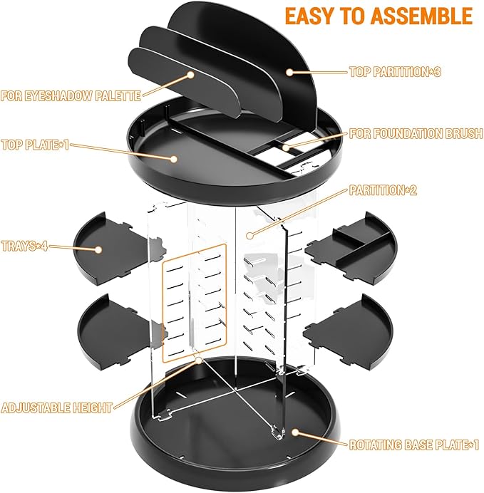 Yieach Rotating Make up Organizers for Counter,Adjustable Spinning Organizer for Vanity,Rotating Perfume Organizer,Lazy Susan Bathroom Organizer for Beauty Product,Spin Skin Care Storage Rack,Black