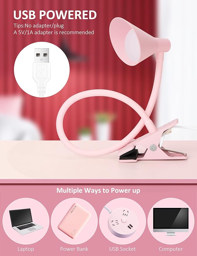 Pink Small Desk Lamp Clip on LED Reading Light for Bed, 3 Color Modes 10 Dimmable Brightness, Book in Bed Headboard, Flexible Neck Clamp BL08