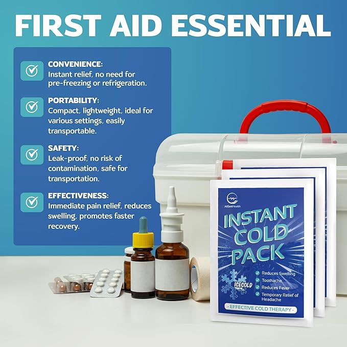 50 Pack Instant Ice Cold Pack (6” x 4.5”) - Disposable Instant Ice Packs for Injuries | Cold Compress Ice Pack for Pain Relief