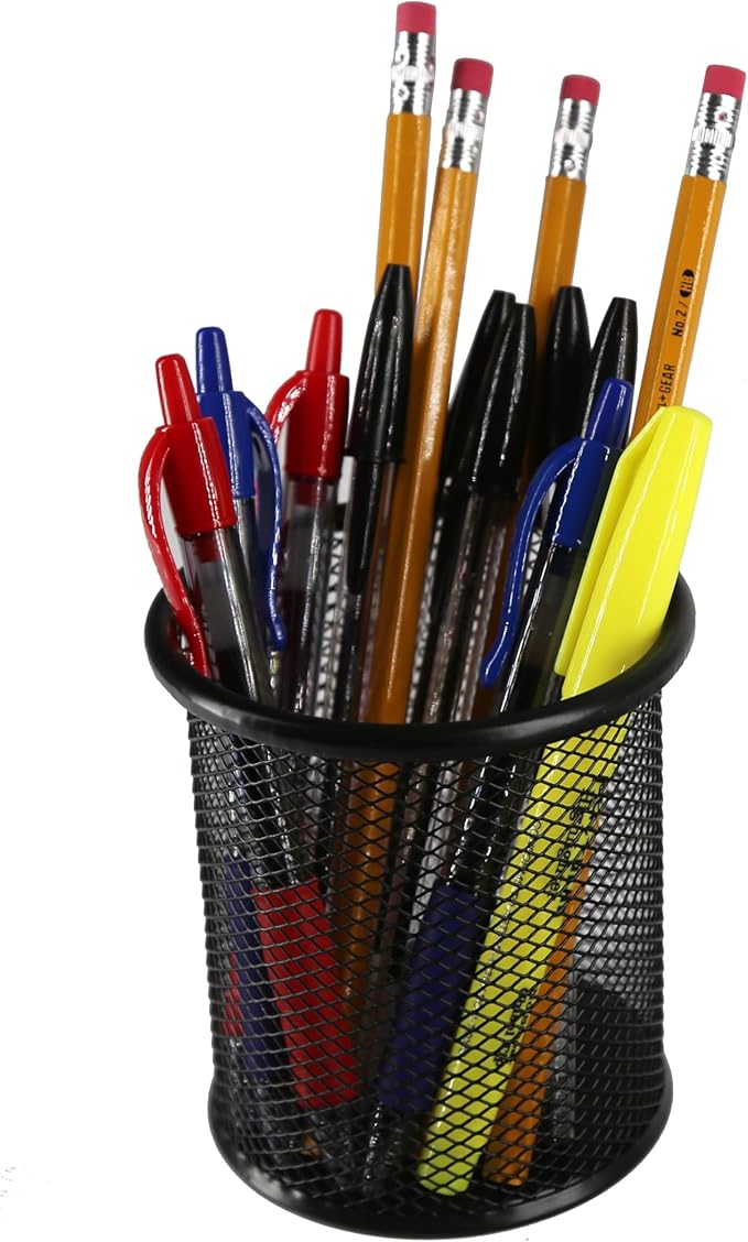Huron Desktop 3-3/4" Round Metal Mesh Pen Holder Pencil Cup for Desk Office Pen Organizer Desk Organizer (1/4/24/96) (4 pc)