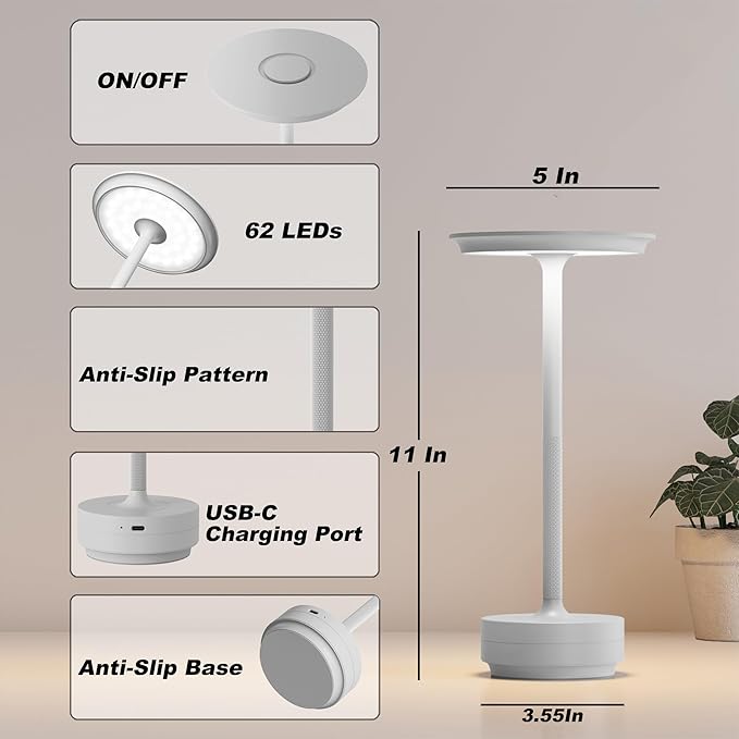 Rechargeable Table Lamps Cordless, Portable 5000mAh Outdoor Table Light, 3 Color Stepless Dimming LED Table Lamp with Memory Function, for Home/Dinner/Patio/Restaurant.(Light Gray)