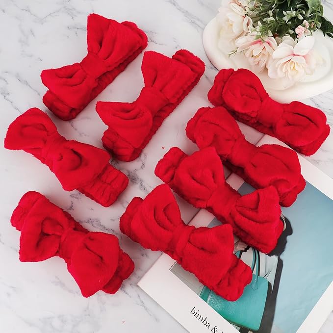 Ondder Spa Headband for Washing Face 8 Pack Red Skincare Headbands for Women Girls Terry Cloth Cute Makeup Headbands Head Bands with Bow