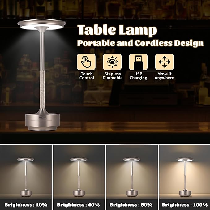 Rechargeable Cordless LED Table Lamps Touch Sensor Light, 3-Levels Portable Dimming Wireless Battery Operated Lamp,Nightstand Lamp/Night Light/Restaurant Table/Outdoor/Coffee/Bar (Silver)