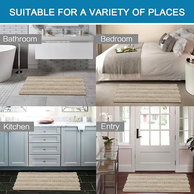 H.VERSAILTEX Bath Mats for Bathroom Non Slip Thick Chenille Striped Bath Rug Absorbent Fluffy Soft Shaggy Rugs Washable Dry Fast Plush Mats for Indoor, Bath Room, Tub - 20" x 32", Fog