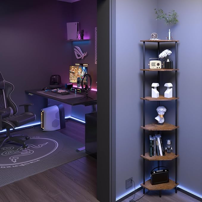 6 Tier Corner Shelf with LED Light,Tall Standing Shelf Organizer,Narrow Bookshelf,The Classic Combination of Rustic Brown and Black Standing Bookcase,Suitable for Bedroom,Living Room,Kitchen