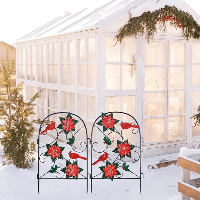 hogardeck Outdoor Christmas Decorations, 2 Pcs Metal Fence Floral Decorative Garden Stakes with Poinsettia Red Birds for Christmas Decor, Yard Signs for Garden Lawn Patio Home
