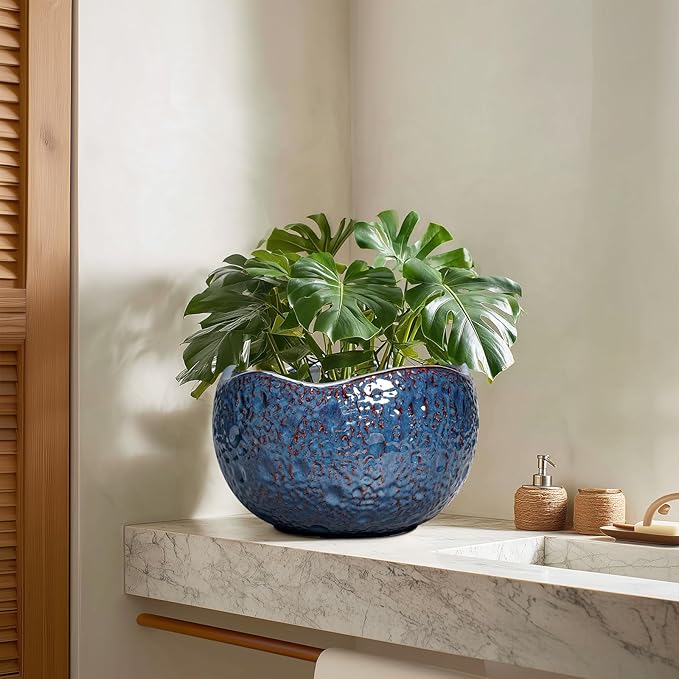 10 Inch Plant Pot - Ceramic Planter for Indoor Outdoor, Round Bonsai Pots, Decorative Flower Pots with Drainage Hole, Modern Unique Planters, House Decor, Home Gifts, Retro Blue