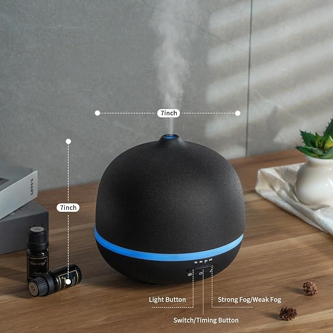 Wanlola 500ml Essential Oil Diffuser,Black Large Ceramic Diffusers,Ultrasonic Cool Mist Humidifier with 4 Timer & 10 Colors Light for Home,Gift