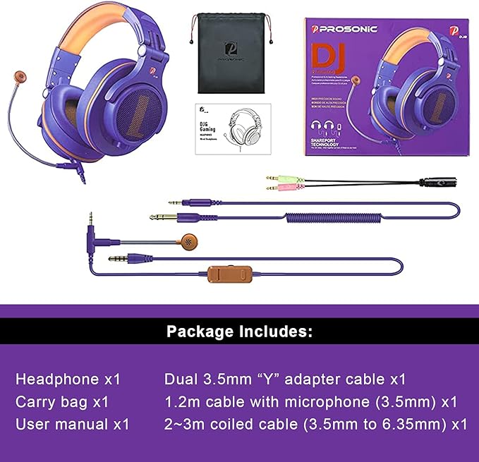 Prosonic DJ2XG Headsets with Boom Mic, Wired Over Ear Headphones for Business Meeting, Skype Zoom, PC Gaming,PS4, Xbox One, Discord, Podcast, Headset with SharePort & Volume Control (Blue)