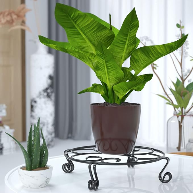 Yimobra Original Patented Plant Stand for Flower Pot Heavy Duty Potted Holder Indoor Outdoor, Metal Rustproof Iron Garden Container Round Supports Rack for Planter, Black, 11.8 Inches