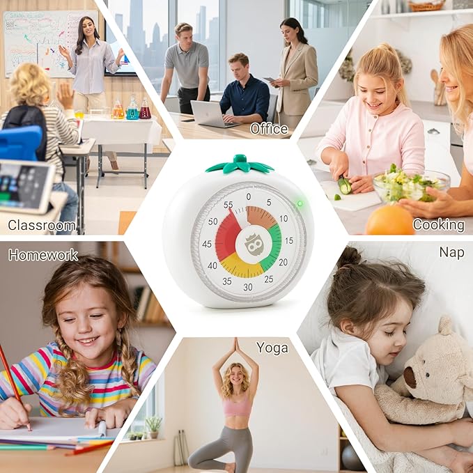 Visual Timer for Kids, 60-Minute Countdown Timers for Classroom Office Kitchen with Silent Operation, Kids Timer for Teaching with Cute Design, 4-Color Zone Pattern Pomodoro Timers