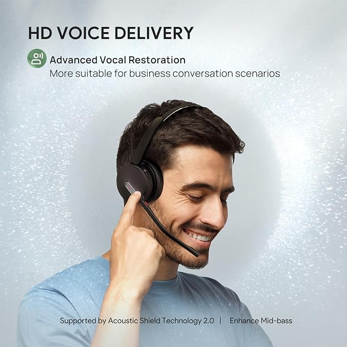 Yealink BH70 with Stand Wireless Bluetooth Headset with Microphone for Work, up to 35h Talking Battery Life, 3 Noise Cancellation Mics, Teams Certified, ≤90min Fast Charging, NO Power Adapter Needed