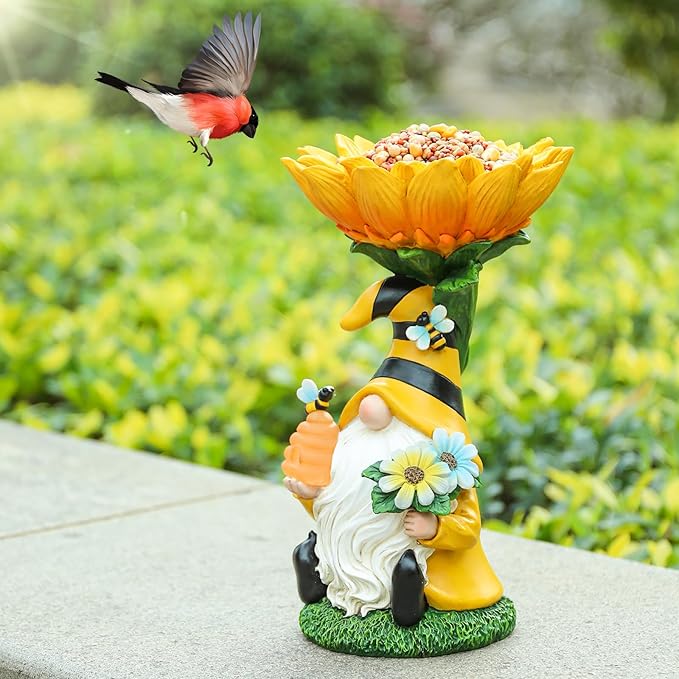 MUMTOP Garden Gnome Statue with Sunflower Birdbath Birdfeeder Outdoor Decor, Resin Summer Bee Gnome Holding Honey Jar with Solar LED Light Waterproof Garden Sculpture for Yard Lawn Decorations