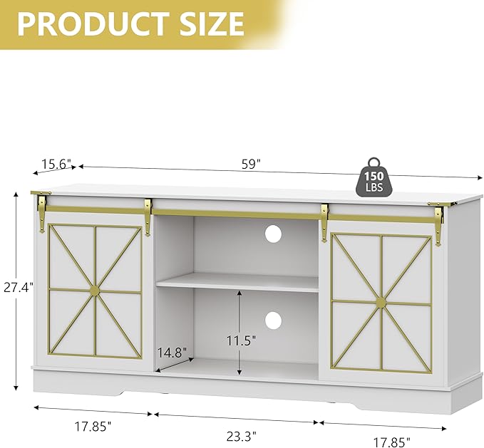 Farmhouse TV Stand for 65/60/55 Inch Tvs, Rustic Entertainment Center with Storage Cabinets & Sliding Barn Doors, Modern Media Console Table, Wood Television Furniture for Living Room, Bedroom, White