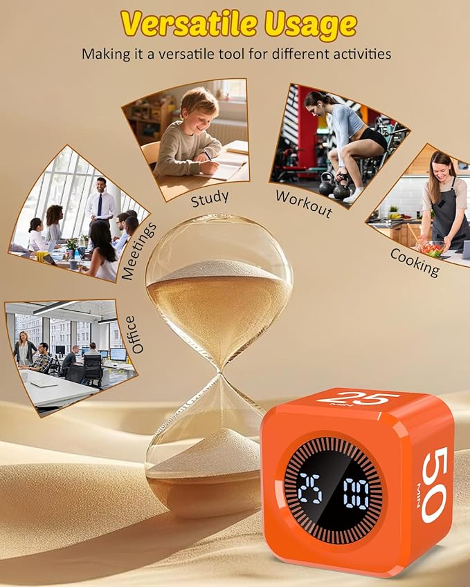 Pomodoro Timer Cube Visual Productivity Flip Timer for Kids Classroom Desk, 5/10/25/50min& Custom Countdown, Silent&Sound Mode Digital Cube for ADHD Study Work School Game Kitchen (Orange)