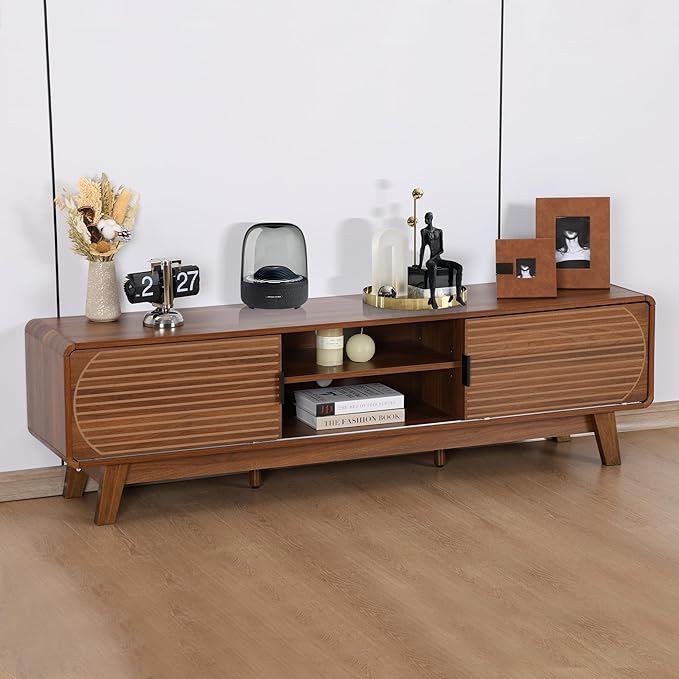Mid Century Modern TV Stand for 55/60/65 Inch TV, 63" TV Console Table with Fluted Sliding Doors, Entertainment Center and Media Console Cabinet with Storage for Living Room (Walnut)