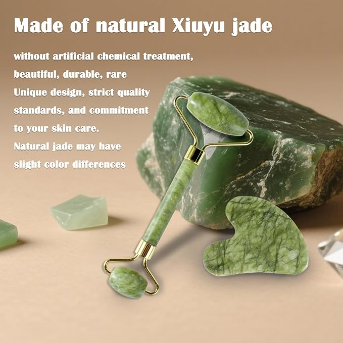Jade Roller Gua Sha Tools – Nature Gua Sha Facial Tool Skin Tightening Face Massager Anti-Aging Jade Face Roller Puffiness Reducing Guasha Stone for Women Men(Green)