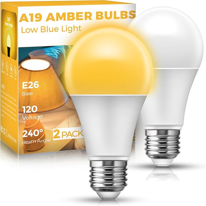 Sleep Light Bulb, Amber Light Bulbs for Sleep Therapy, Blue Light Blocking, 1900K Dim Light Bulbs 60W Equivalent, Mood Soothing Light, E26 A19 Warm Light Bulbs for Bedroom, Nursery, 2 Pack