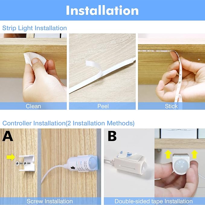 WOBANE White LED Strip Light, 16.4ft Motion Activated Light Strip with Remote and Adapter, Night Light, Dimmable, PIR Function, 300 LEDs Rope Light for Closet,Kitchen Cabinet,Room,Wardrobe,White