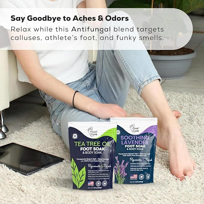 Tea Tree Oil & Soothing Lavender Foot Soak with Epsom Salt - Best Toenail Treatment & Softens Calluses - Soothes Sore & Tired Feet, Foot Odor Scent, Spa Pedicure - Made in USA - 16oz (Pack of 2)