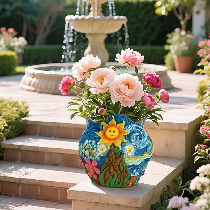 Starry Night Theme Flower Pots Colorful Art Planter Pots for Indoor Plant Cute Unique Resin Flower Pot with Drainage Hole for Home Decor