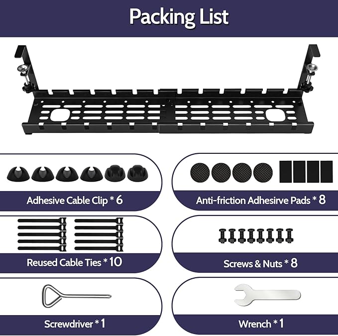 Shikha Cable Management Under Desk, 15.7"-31" Retractable Cable Management Tray, No Drilling Cord Organizer with Clamp for Desk, Under Table Wire Management Tray for Home Office