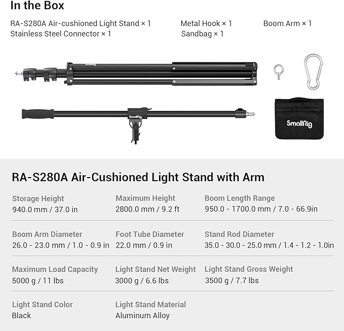 SmallRig Aluminum Light Stand 110"/9.2ft/280cm, Adjustable Photography Air-Cushioned Tripod Stand with 1/4" Screw for Softbox, Studio Light, Flash, Umbrella, Ring Light, Max Load 5kg, RA-S280A