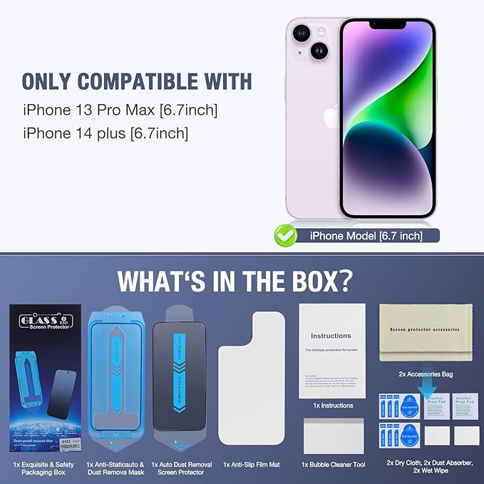 2-Pack Screen Protector for iPhone 13 Pro Max/iPhone 14 Plus, 9H Tempered Glass, High Definition Clear, Full Coverage, Anti-Fingerprint, Auto Dust-Elimination, No Bubble, Easy Installation