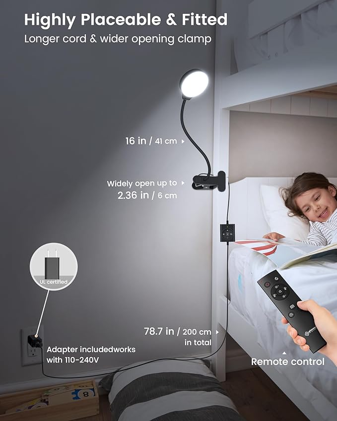 Glocusent Brighter Clip on Lamp with Remote, Eye-Caring Clip on Light for Bed Headboard, 3 Color & 5 Brightness Bed Lamp, 30-Min Auto-Off Timer, Reading Light with Adapter