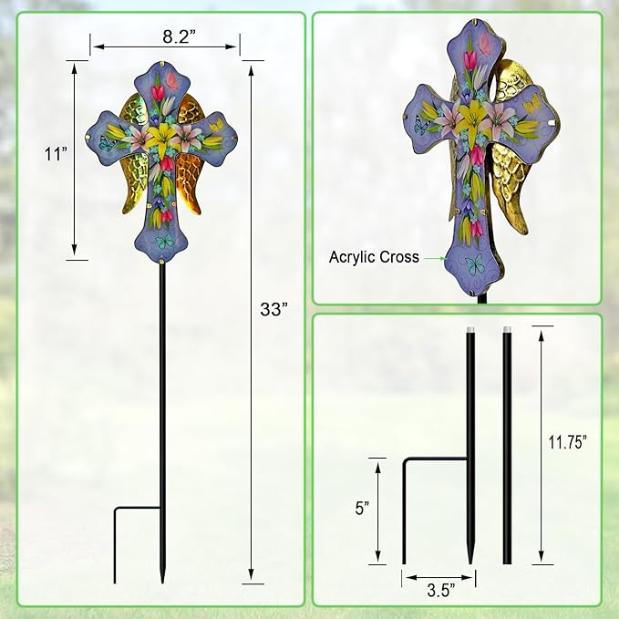 Solar Cross Garden Stake Lights for Outdoor Garden,Cemetery,and Yard Decor,Angel Wings Cross Solar Christmas Lights Outdoor,Memorial Gifts Lily