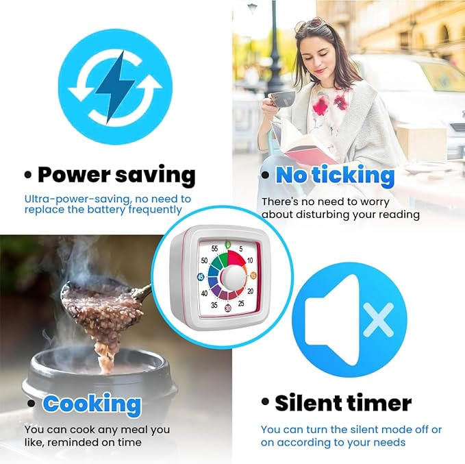 Visual Timer for Kids, 60-Minute Countdown Timer for Classroom Office Kitchen, Pomodoro Timer with Silent Operation,Time Management Tools with Colorful Pattern(White)
