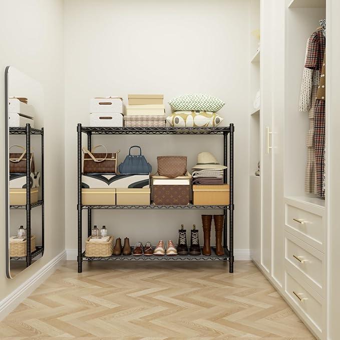 Storage Shelves Heavy Duty, 45" W x 20" D x 47" H Garage Wire Shelving Unit Loads 1200LBS, 3-Tier Adjustable Metal Industrial Utility Shelf Rack for Kitchen, Laundry Room, Pantry, Warehouse, Basement