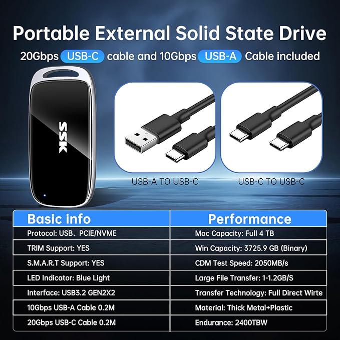 SSK 4TB SSD External Hard Drive, Portable SSD Drive up to 2000 MB/s, USB 3.2 Gen2X2 External Solid State Drives for iPhone 15/16 PRO、Mac、Phone OTG、Laptops with LED Indicator