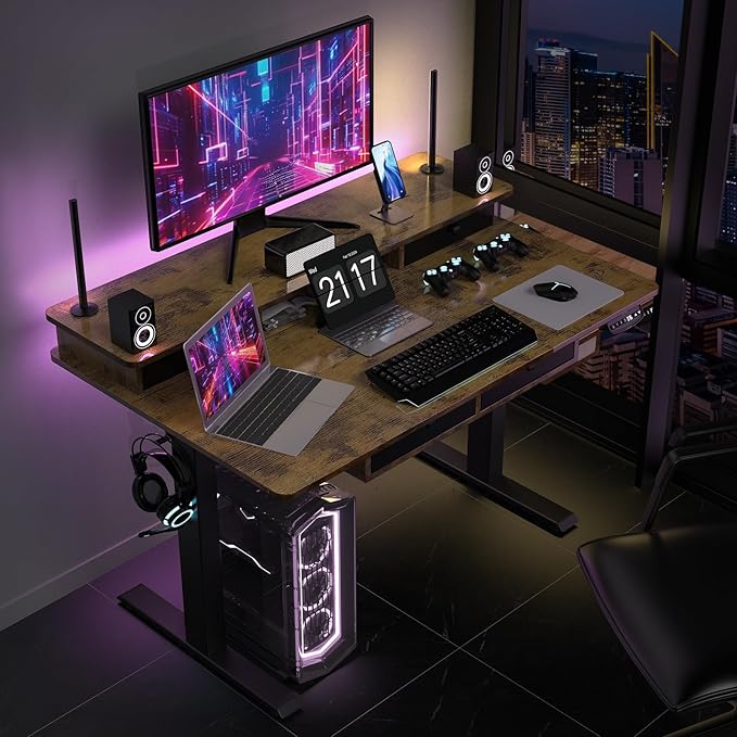 48 * 30 Inches Electric Standing Widened Desk Adjustable Height with 4 Drawers, Double Storage Shelves Stand Up Desk, Home Office Workstation Sit Stand up Desk (Rustic Brown)