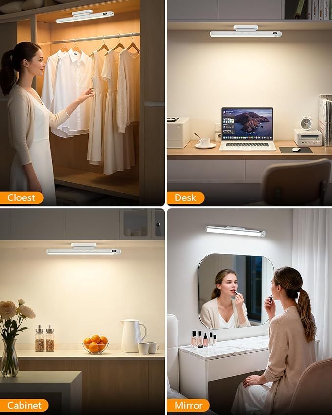 WILLED 3W Motion Sensor Magnetic Light Bar, Eye-Care Rechargeable Closet Light with Battery Level Display, Mirror Lights Stick on, Led Light Bar for Cabinet, Closet, Desk and Bathroom